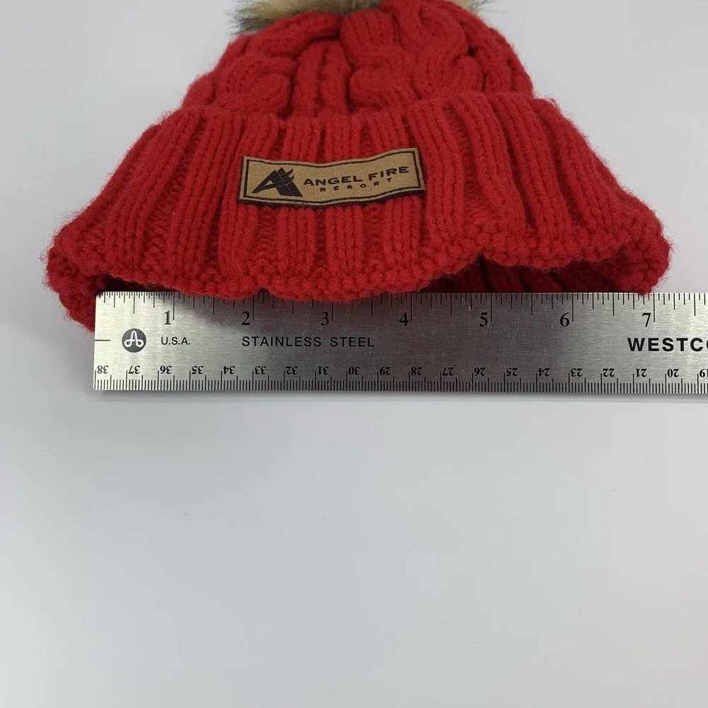 Angel Fire Resort Beanie YOUTH Locale Outdoors Faux Fur Pom Red Knit Hat Cap